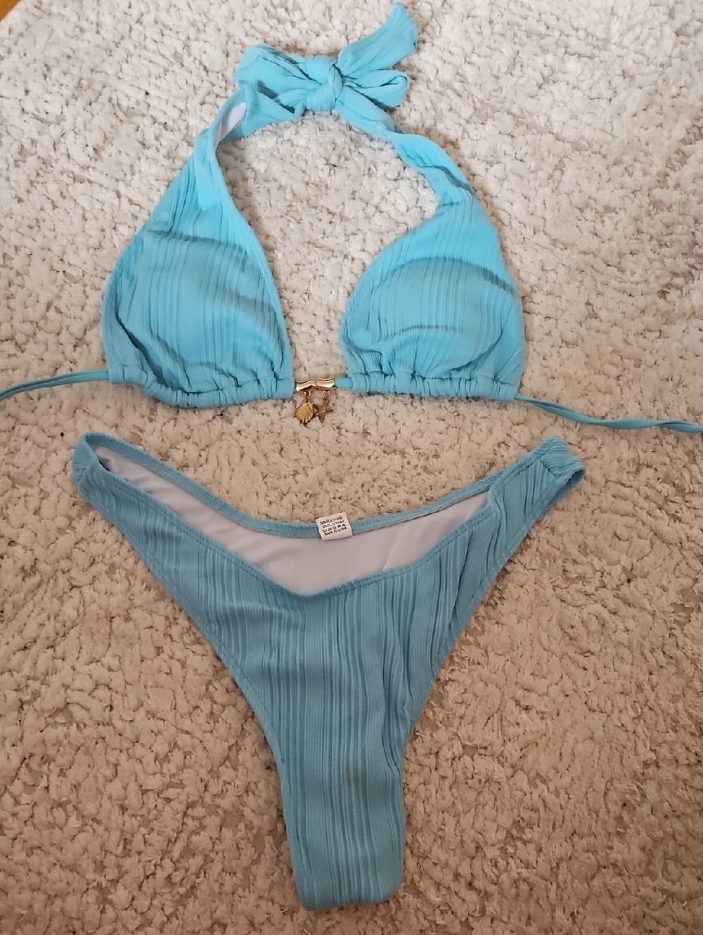 SHEIN Light Blue Ribbed Triangle Bikini Set